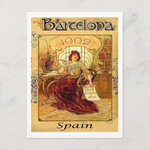 Carte Postale Barcelone, Espagne, femme écrivant une lettre, vin