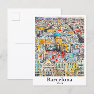 Carte Postale Barcelone Espagne Voyage Aquarelle main tiré
