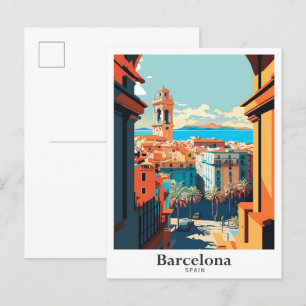Carte Postale Barcelone Espagne Voyage Art Vintage Illustration
