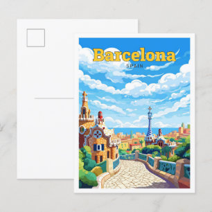 Carte Postale Barcelone Espagne Voyage Vintage Illustration