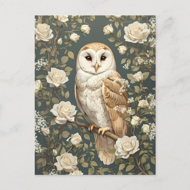 Carte Postale Barn Owl Et White Roses William Morris Inspiré (Devant)