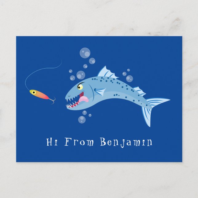 Carte Postale Barracuda poisson affamé de la pêche dessin animé (Devant)