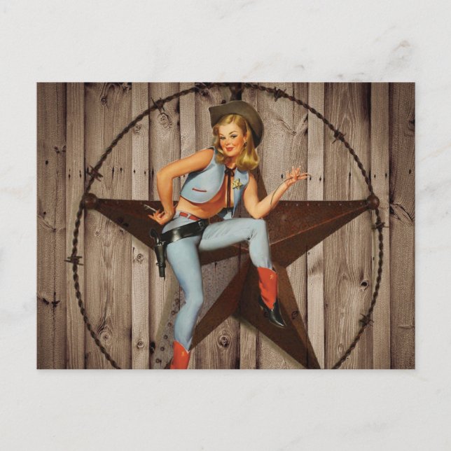 Carte Postale Barre Wood Texas Star pays occidental Cowgirl (Devant)