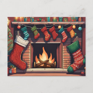 Carte Postale Bas de Noël colorés et cheminée
