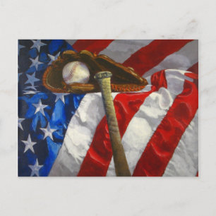 Carte Postale Baseball, gant, batte et drapeau américain