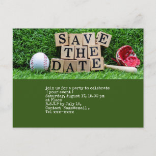 Carte Postale Baseball sauvez la date avec balle sur vert  