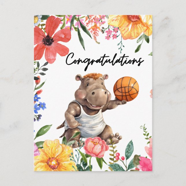 Carte Postale Basketball Félicitations avec Hippopotame (Devant)