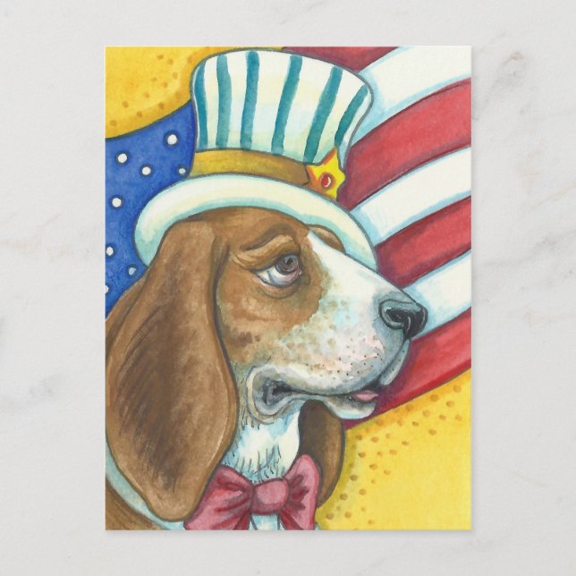 CARTE POSTALE BASSET HORAIRE ONCLE SAM, PATRIOTIQUE CHIEN POSTCA (Devant)