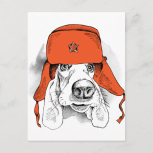 Carte Postale Basset Hound   Casquette rouge Ushanka