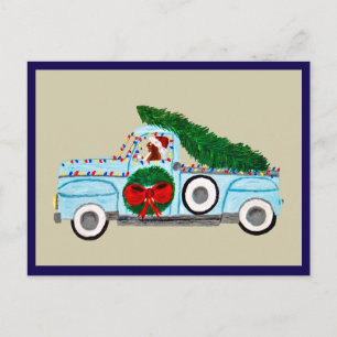 Carte Postale Basset Hound dans un camion antique à Noël