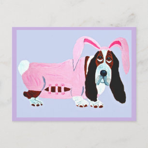 Carte Postale Basset Hound en tenue de lapin rose