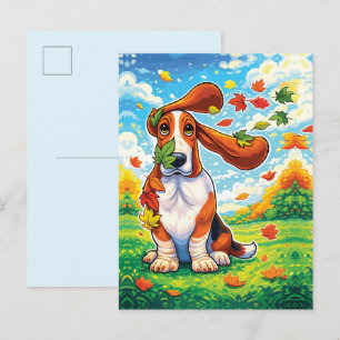 Carte Postale Basset Hound joueur Feuilles d'automne Dessin anim