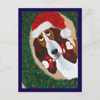Carte Postale Basset Hound Père Noël regardant à travers la Cour