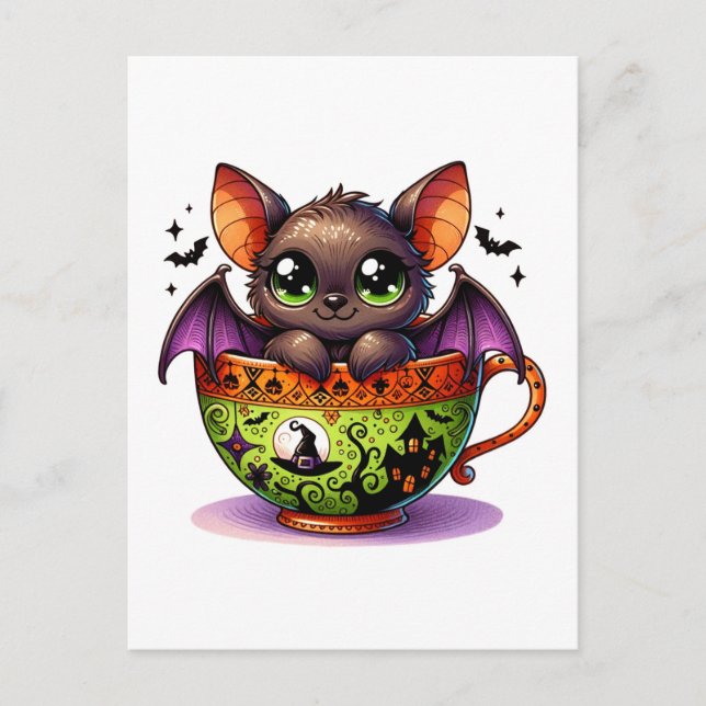 Carte Postale Bat adorable dans un thé d'Halloween (Devant)