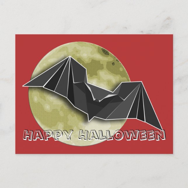 Carte Postale Bat en papier Origami avec Lune Bleue/Jaune/Brown (Devant)