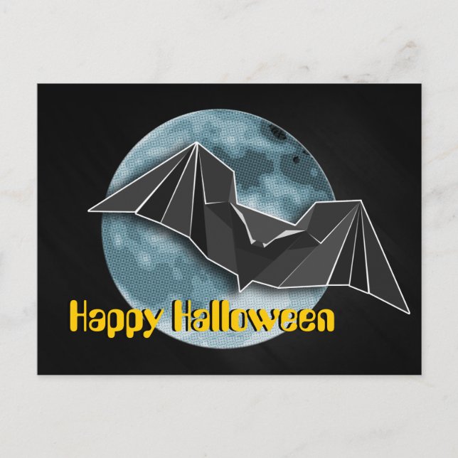 Carte Postale Bat en papier Origami avec Lune Bleue/Jaune/Brown (Devant)