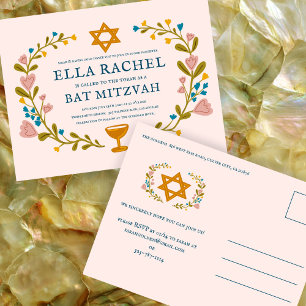 Carte Postale Bat mitzvah à couronne florale sur mesure dessiné 