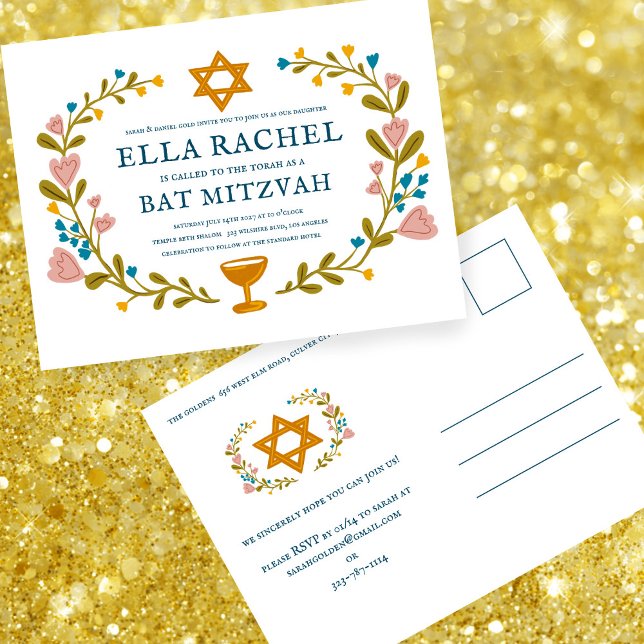 Carte Postale Bat mitzvah à couronne florale sur mesure dessiné  (Floral Wreath Bat Mitzvah Invitation Hand-drawn Custom Postcard
)