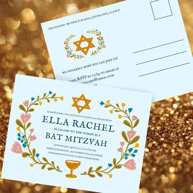 Carte Postale Bat mitzvah à couronne florale sur mesure dessiné  (Floral Wreath Bat Mitzvah Hand-drawn Custom Postcard Invitation
)
