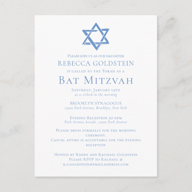 Carte Postale Bat mitzvah Artiste Bleu Étoile de David (Devant)