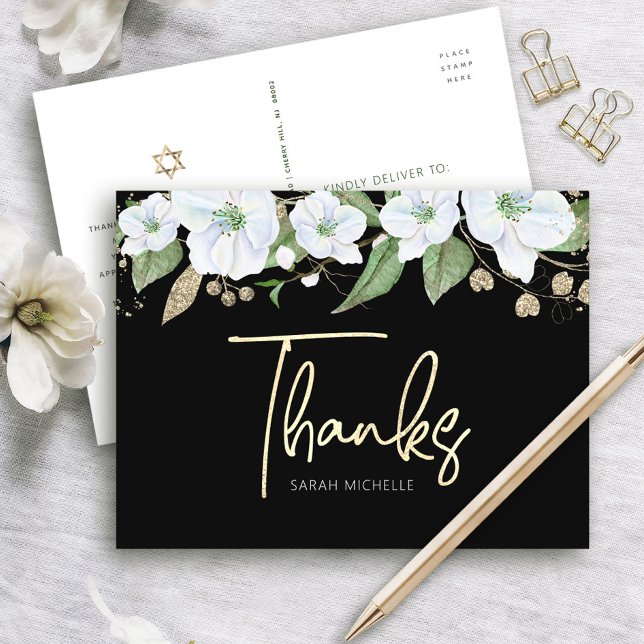Carte Postale Bat mitzvah Black Gold Script Aquarelle Floral (Créateur téléchargé)