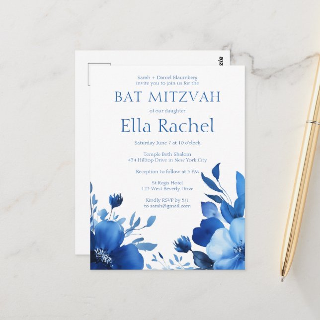 Carte Postale Bat mitzvah d'aquarelle Blue Blooms (Devant/Arrière en situation)