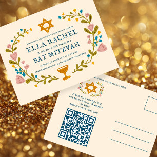 Carte Postale Bat mitzvah de couronne florale Code QR personnali