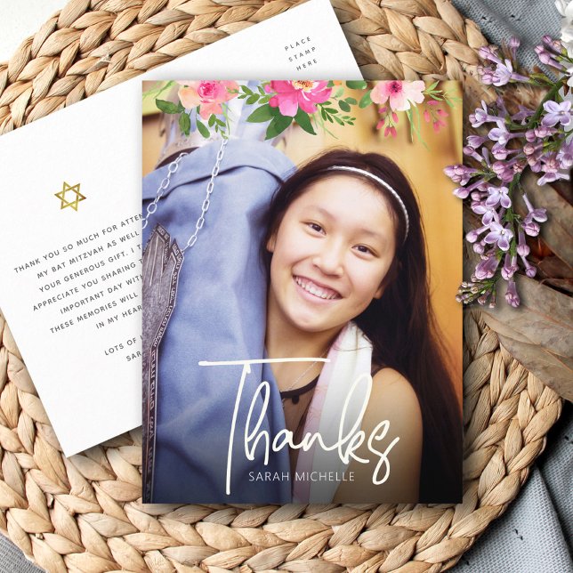 Carte Postale Bat mitzvah Photo Floral Script Merci personnalisé (Créateur téléchargé)