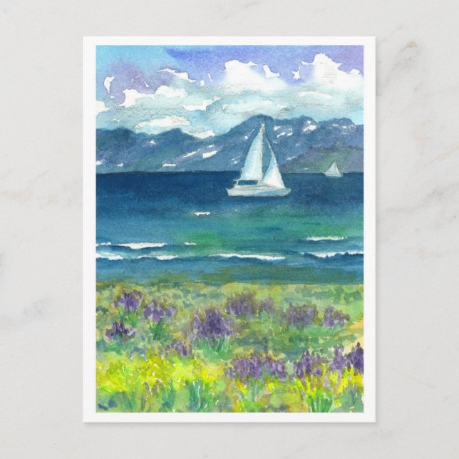Carte Postale Bateau à voile Lac Mountain Purple Aquarelle Lupin (Devant)