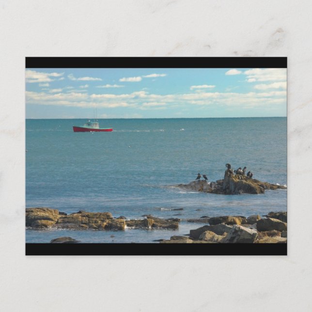 Carte Postale Bateau de homard au large de Rocky Seawall Beach (Devant)
