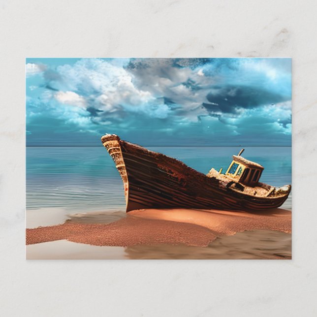 Carte Postale Bateau déserté sur une plage de sable abandonnée (Devant)