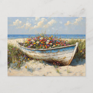 Carte Postale Bateau en bois usé avec Fleurs sauvages