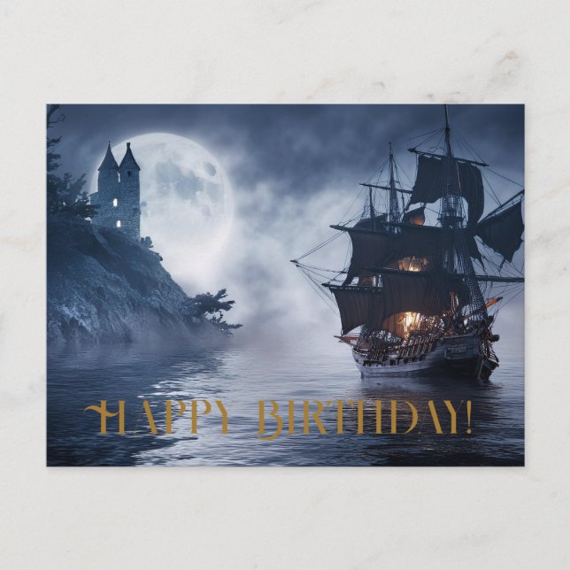 Carte Postale Bateau pirate et château Joyeux anniversaire (Devant)