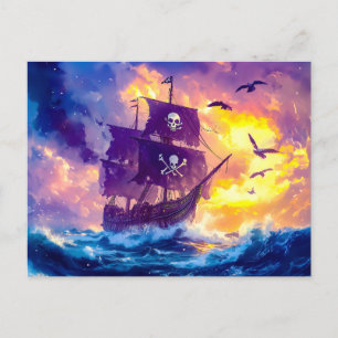 Carte Postale Bateau pirate naviguant dans le coucher du soleil 
