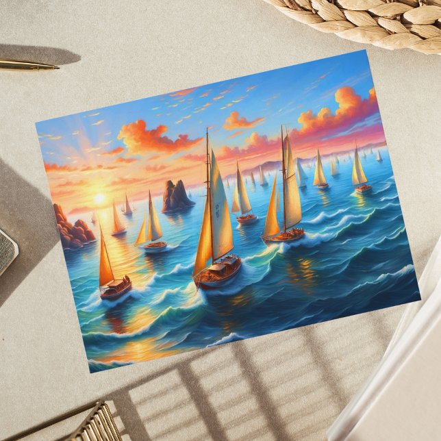 Carte Postale Bateaux à voile dans le coucher de soleil paisible (Capture serenity with tranquil sailboat scene, perfect for sailing enthusiasts and art lovers.)