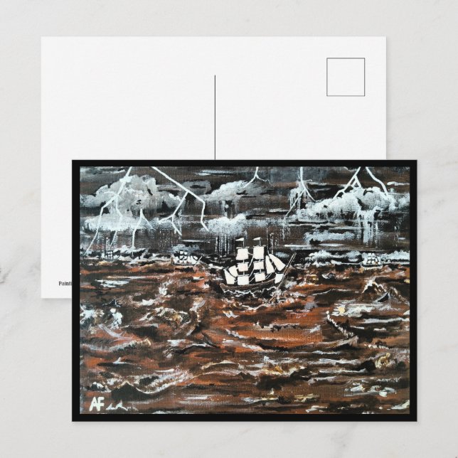 Carte Postale Bateaux dans une peinture de tempête par Alfred Fo (Devant / Derrière)