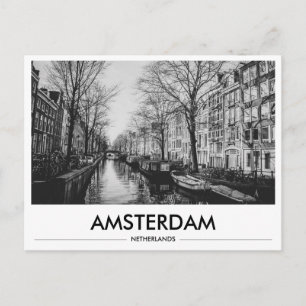 Carte Postale Bateaux des canaux d'Amsterdam Noir & Blanc 