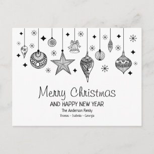 Carte Postale Baubles de Noël noir et blanc personnalisés