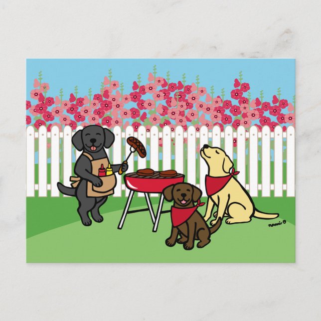 Carte Postale BBQ Party Labradors Hollyhock Fleurs (Devant)