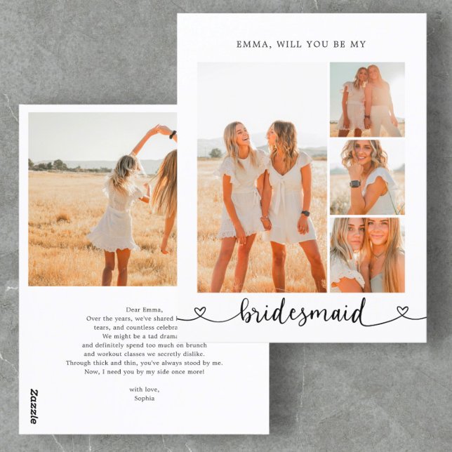 Carte Postale Be My Bridesmaid Photo Collage Calligraphie Coeur (Créateur téléchargé)