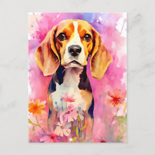 Carte Postale Beagle avec des fleurs Aquarelle