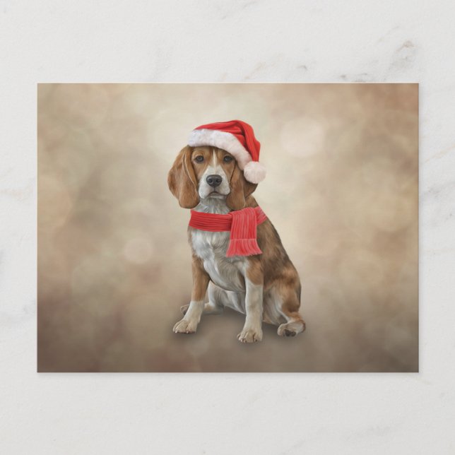 Carte Postale Beagle de chien en casquette rouge du Père Noël (Devant)