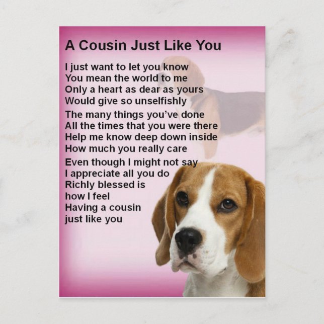Carte Postale Beagle Design Cousin Poem (Devant)