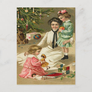 Carte Postale Beau arbre de Noël de famille victorienne Vintage