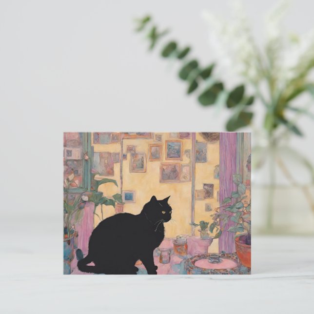 Carte Postale beau chat noir (Debout devant)