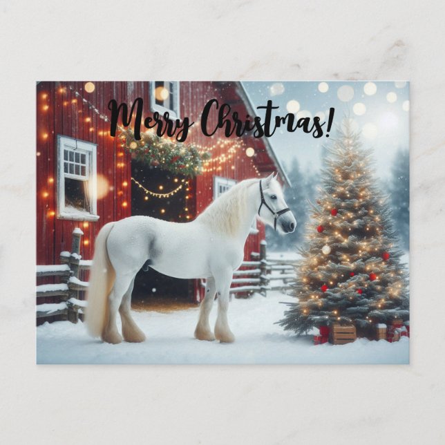 Carte Postale Beau cheval blanc et grange rouge (Devant)
