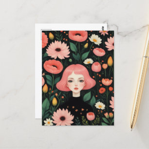 Carte Postale Beau cheveux et fleurs roses