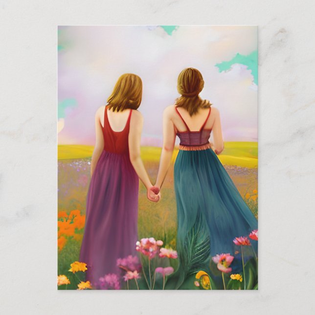 Carte Postale Beau couple lesbien dans le domaine des fleurs (Devant)