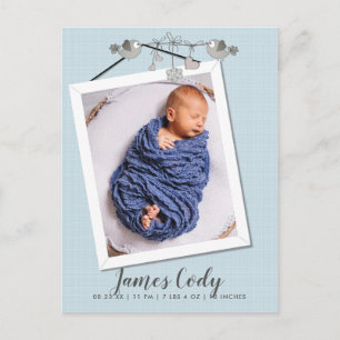 Carte Postale Beau Faire-part de naissance photo en cadre bleu