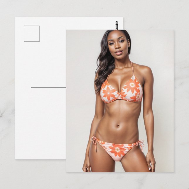 Carte Postale Beau Modèle Africain-Américain Bikini En Pêche (Devant / Derrière)